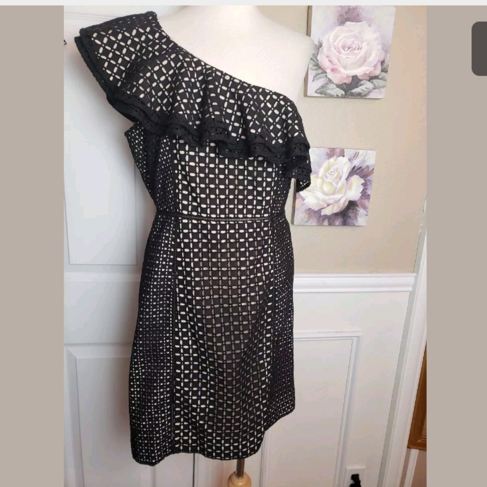 One Shoulder Ruffle Dress Black Eyelet NWT Size 10